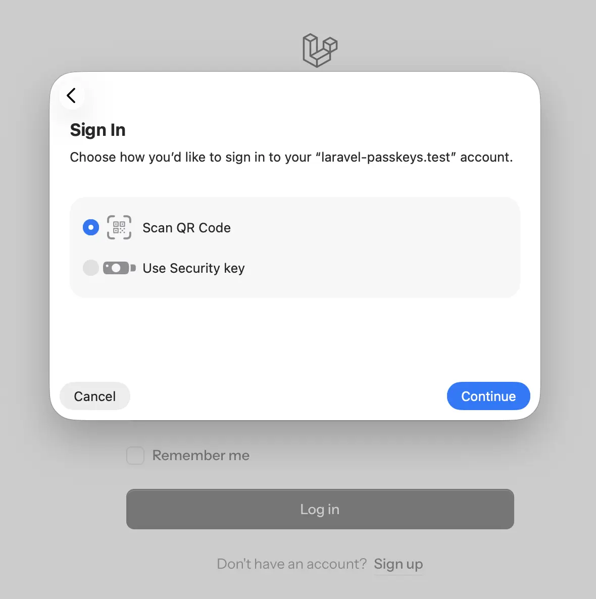 Fenêtre de connexion Passkey – QR code ou clé de sécurité physique