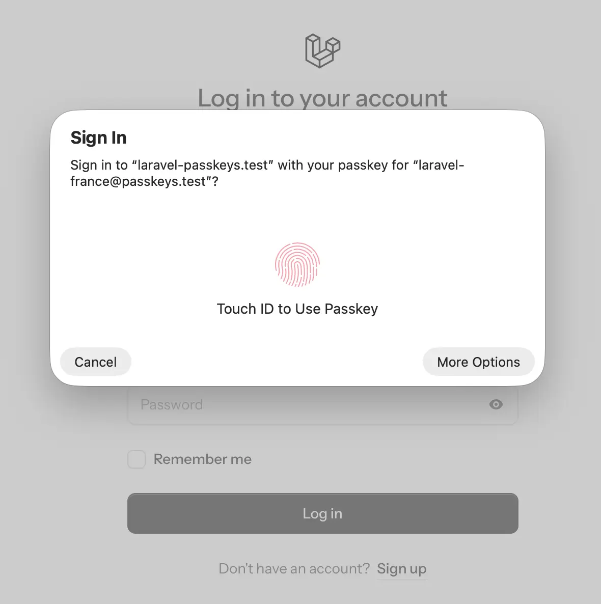 Fenêtre de connexion Passkey – Touch ID