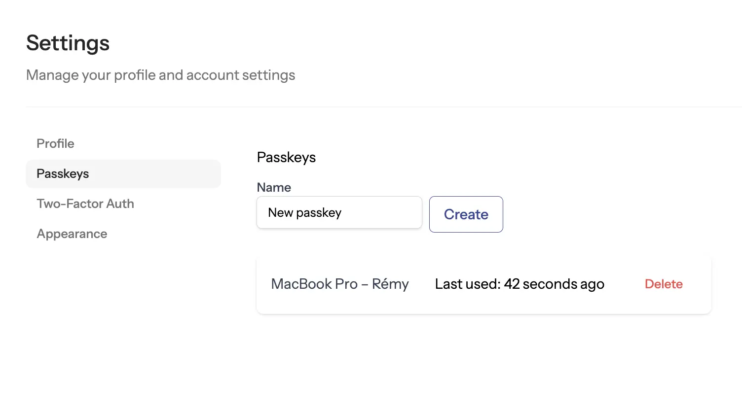Composant standard de gestion des Passkeys dans le profil utilisateur